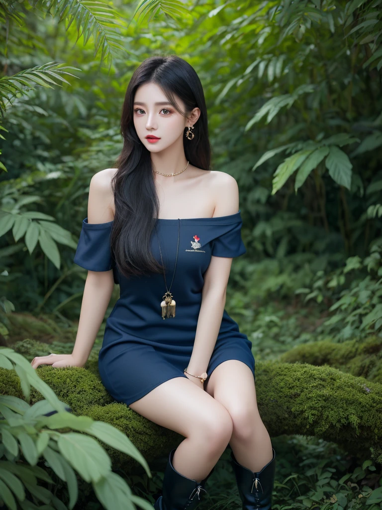 Beautiful woman wearing a hitam and dark blue Wearing swag style clothes mini dress with decorations on the shirt and visible shoulders and wearing boots and being photographed with a background And you are in the middle of a very wild forest and lots of beautiful plants,Korean style swag, beautiful face so gorgeous, Beautiful eyes, y2k style, 