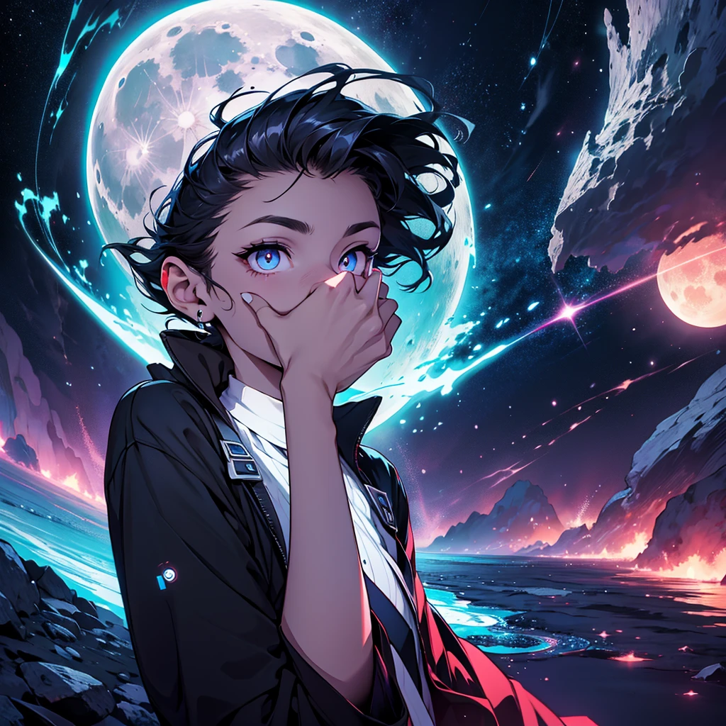create a surreal image with the elements: eyes, pupil, nebula, night, moon, hands, crossroads