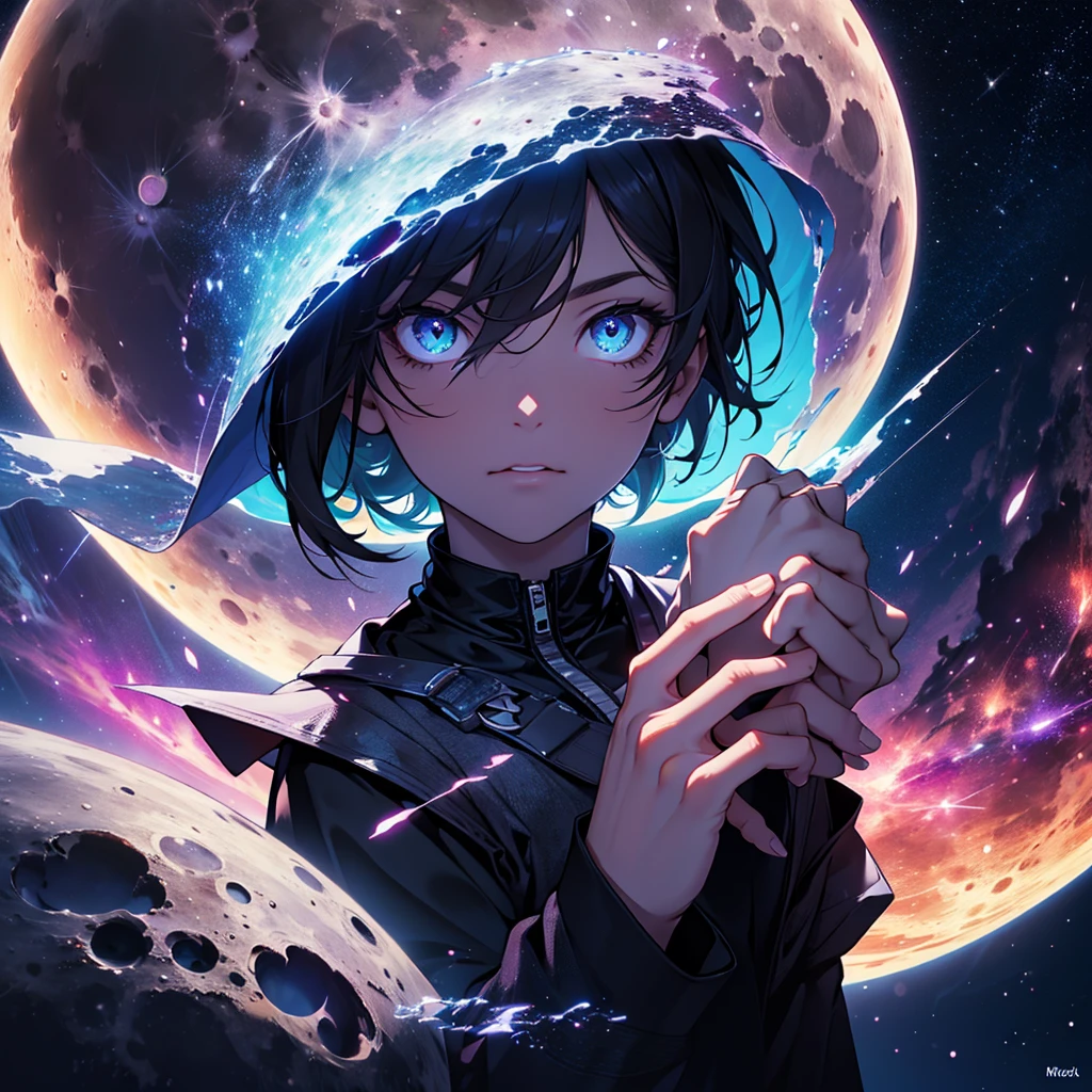 create a surreal image with the elements: eyes, pupil, nebula, night, moon, hands, crossroads
