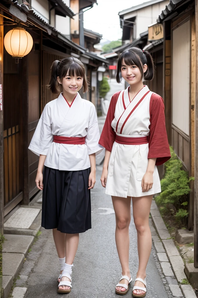 2 girls standing in old-Japanese street,red hakama bottom,white hakama top,18-year-old,bangs,a little smile,short hair and low pigtails with Japanese hairpin,from before,front light