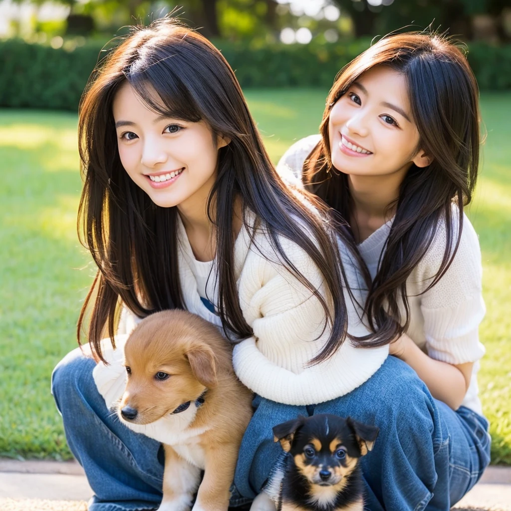Please create an image of a beautiful Japanese woman around 25 years old.。Women have long hair、With a kind smile、Holding a cute puppy。In the background、There is a large lawn for a dog run.。Make the scenery resemble a sunny day。Although the woman has a slightly more mature appearance,、Make sure you maintain a warm and friendly expression。The lighting and colors are soft and natural.、Her youth々Accentuate your beauty and maturity。