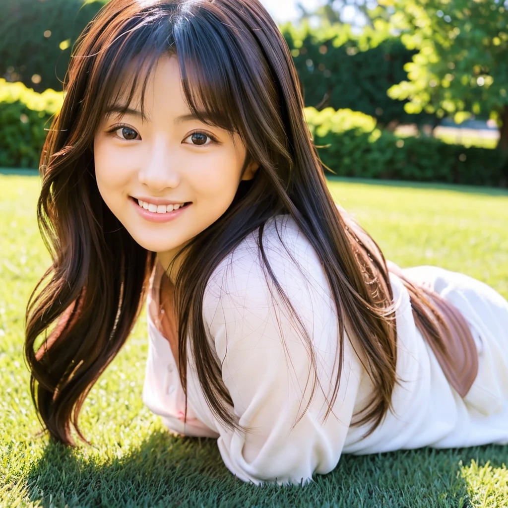 Please create an image of a beautiful Japanese woman around 25 years old.。Women have long hair、With a kind smile、Holding a cute puppy。In the background、There is a large lawn for a dog run.。Make the scenery resemble a sunny day。Although the woman has a slightly more mature appearance,、Make sure you maintain a warm and friendly expression。The lighting and colors are soft and natural.、Her youth々Accentuate your beauty and maturity。
