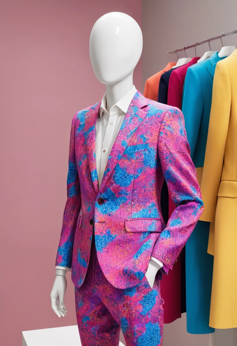 A faceless mannequin striking an exaggerated pose,The faceless mannequin is wearing a brightly colored suit