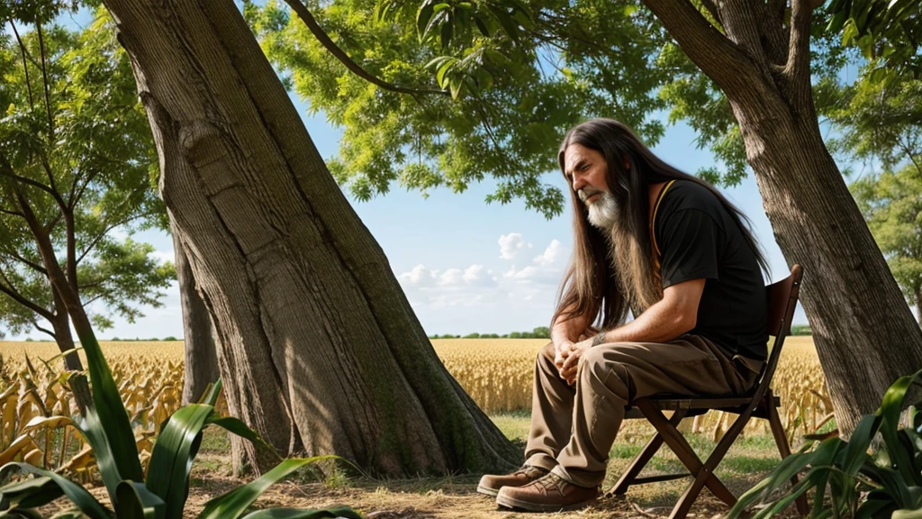 A long haired anime old man sitting bottom of a tree with a chair . In the middle of a cornfield