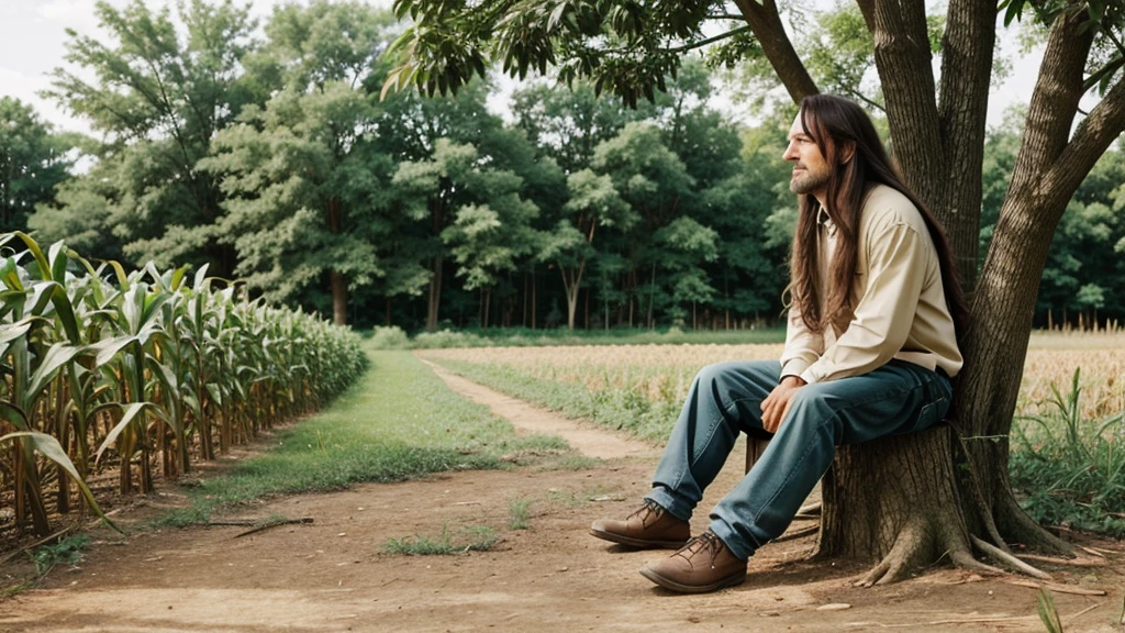 A long haired anime old man sitting bottom of a tree with a chair . In the middle of a cornfield