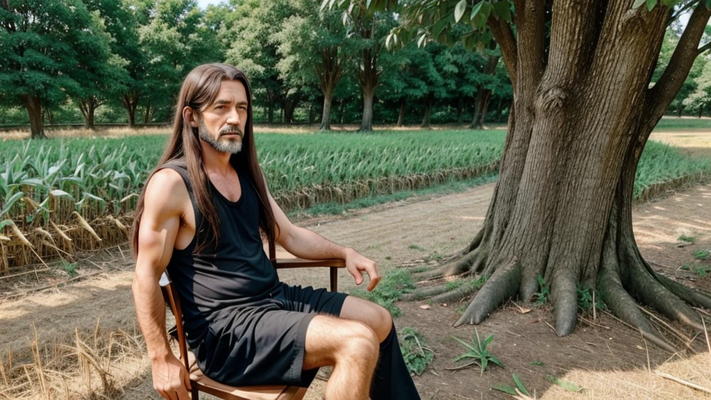 A long haired anime old man sitting bottom of a tree with a chair . In the middle of a cornfield