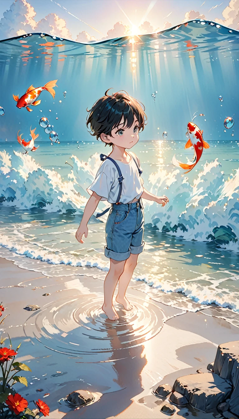 Image Quality，Disney animation style，A  swimming in the sea with a koi in his arms，Short and delicate hair，Denim straps，barefoot，Depth of Field，emphasize，Real Lighting，Ray Tracing，oc rendering，Surrealism，Best quality，8K，masterpiece，Ultrafine，detailed，Correct anatomy，Keen gaze，Bokeh，Facial features are carefully depicted