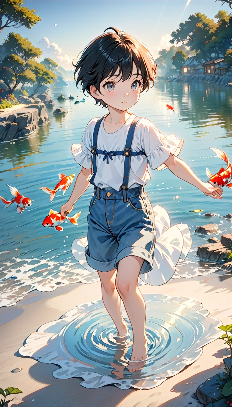 Image Quality，Disney animation style，A little boy swimming in the sea with a koi in his arms，Short and delicate hair，Denim straps，barefoot，Depth of Field，emphasize，Real Lighting，Ray Tracing，oc rendering，Surrealism，Best quality，8K，masterpiece，Ultrafine，detailed，Correct anatomy，Keen gaze，Bokeh，Facial features are carefully depicted