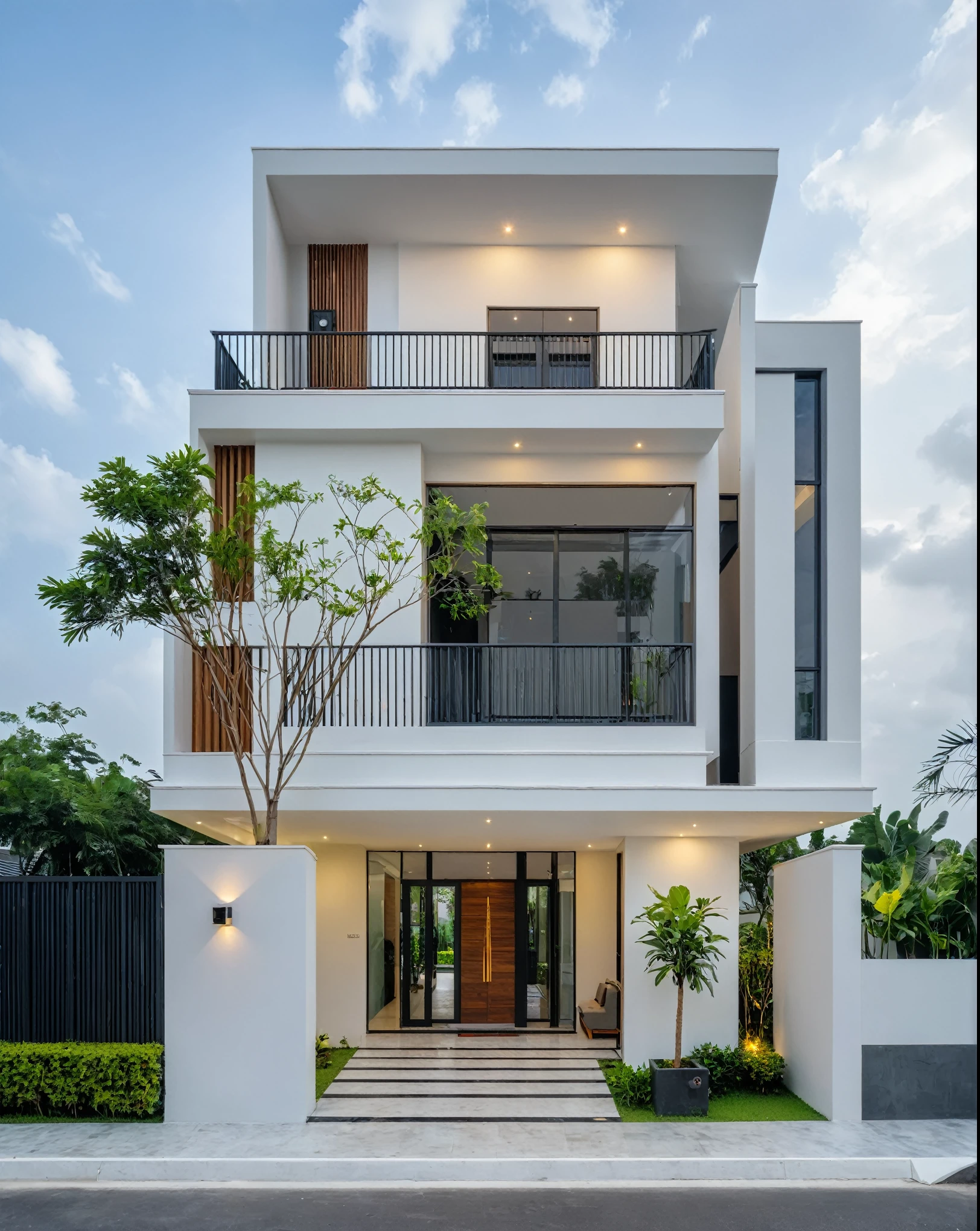 RAW photo, a photo of a modern villa, sidewalk, sidewalk trees, steel gate, road, viet nam modern residence, a car parked in front of it, rough white wall, new residential area, wide angle exterior 2022, contemporary house, exterior photography, masterpiece, contemporary architecture, overcast, indirect lighting