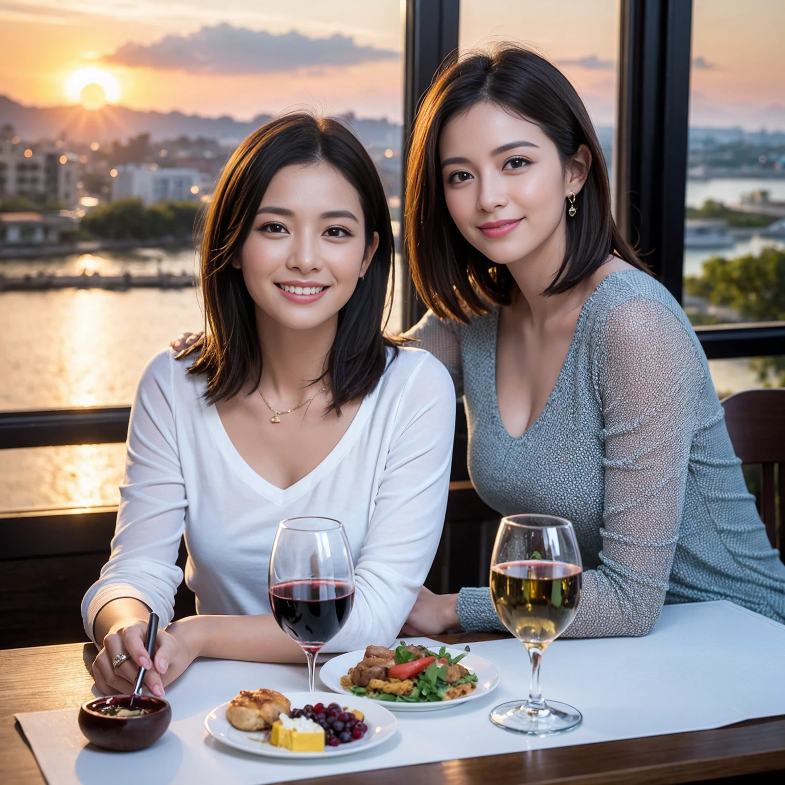 ((Highest quality、8K、masterpiece:1.3))、 (Ultra-realistic、 Genuine、Bright image、Intricate details:1.2), 最高のsmile、Slim Beauty、1 male 1 female、Beautiful couple、love love love、spouse、spouse、Good friends、actress couple、smile、Full-course dinner at a packed table、 (Slim face), (the body is slim), (Brown Hair), (short hair), テーブルのwine glass、Please shine a light on my face、 Amazing view of the sunset sky and clouds、 39 years old, red wine 、Appetizers、Wine bottle、sparkling wine、Long sleeve shirt、dress、White wine, red wine, wine glass, 