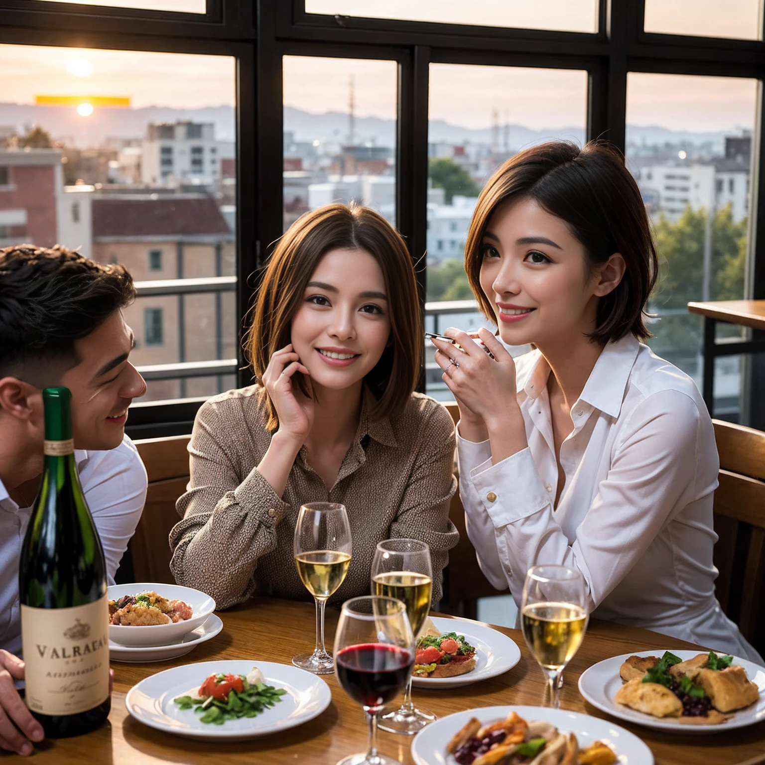 ((Highest quality、8K、masterpiece:1.3))、 (Ultra-realistic、 Genuine、Bright image、Intricate details:1.2), 最高のsmile、Slim Beauty、1 male 1 female、Beautiful couple、love love love、spouse、spouse、Good friends、actress couple、smile、Full-course dinner at a packed table、 (Slim face), (the body is slim), (Brown Hair), (short hair), テーブルのwine glass、Please shine a light on my face、 Amazing view of the sunset sky and clouds、 39 years old, red wine 、Appetizers、Wine bottle、sparkling wine、Long sleeve shirt、dress、White wine, red wine, wine glass,
