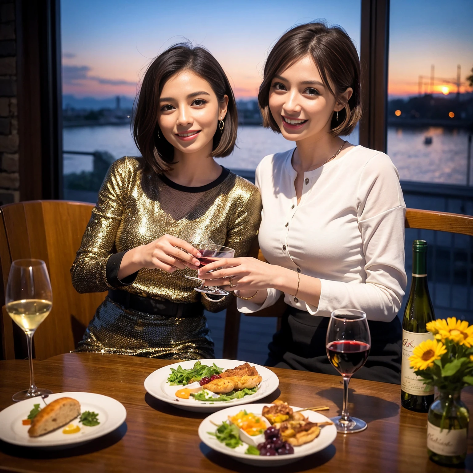 ((Highest quality、8K、masterpiece:1.3))、 (Ultra-realistic、 Genuine、Bright image、Intricate details:1.2), 最高のsmile、Slim Beauty、1 male 1 female、Beautiful couple、love love love、spouse、spouse、Good friends、actress couple、smile、Full-course dinner at a packed table、 (Slim face), (the body is slim), (Brown Hair), (short hair), テーブルのwine glass、Please shine a light on my face、 Amazing view of the sunset sky and clouds、 39 years old, red wine 、Appetizers、Wine bottle、sparkling wine、Long sleeve shirt、dress、White wine, red wine, wine glass,