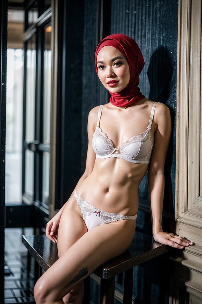 ((HAIRY PUSSY)), ((HIJAB STYLISH)), ((MY BODY ISVERY SKINNY)), ((STRADDLING)), "Naked Lingerie Bra" (Malaysia female), , 8K, photottorialism, G-String, ((RED LIPSTICK))