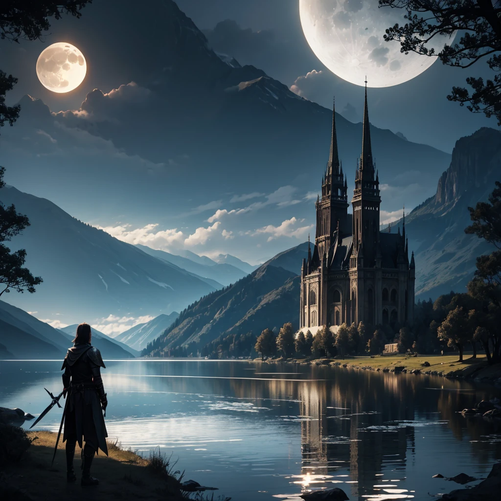  sword, lake, dark fantasy, moon