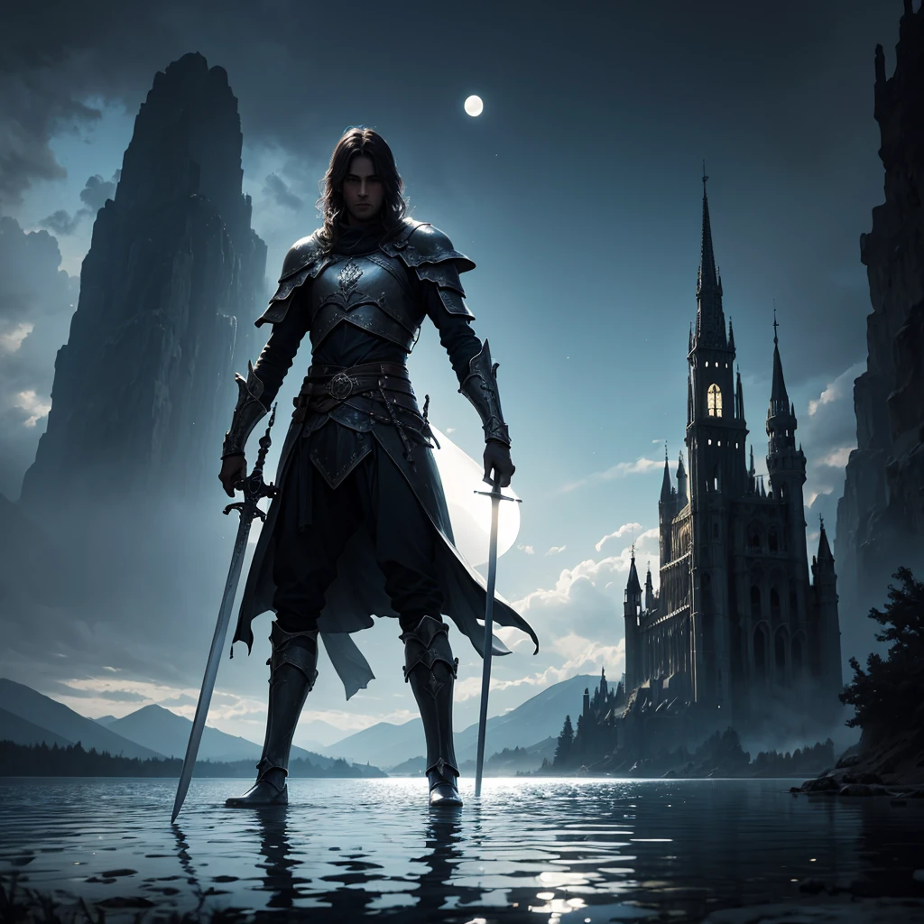  sword, lake, dark fantasy, moon