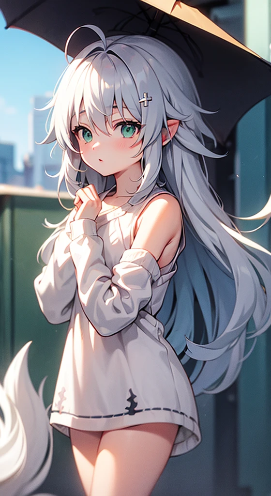 、Shoulder-length silver hair、Has a side tail and green tips、Green Eyes、A round cross mark in the eye