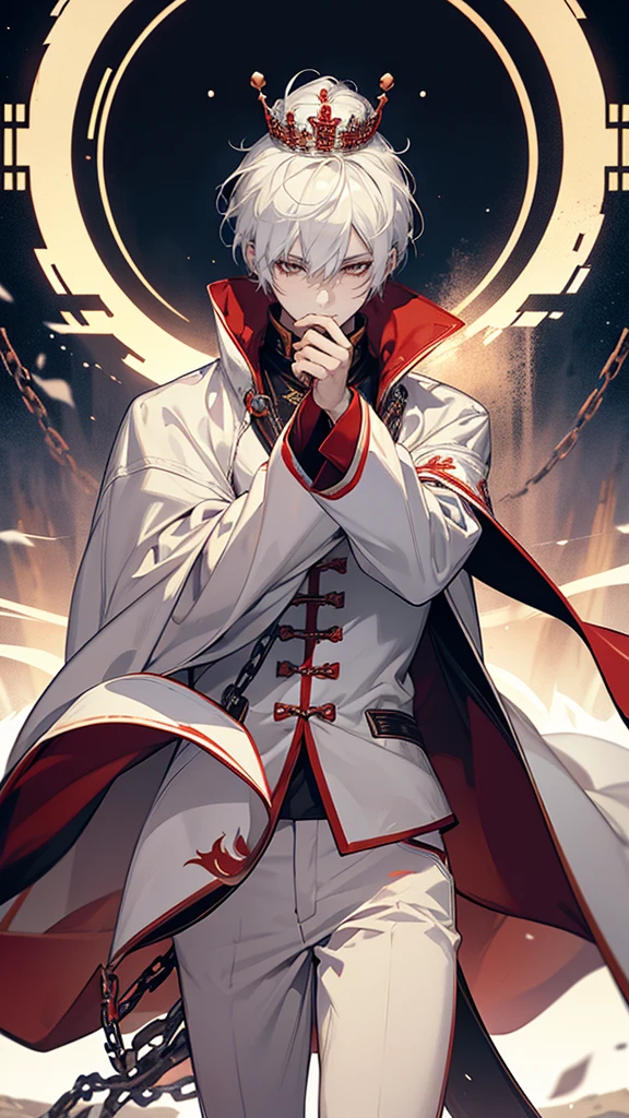 1 man, teacher, wearing a white leather jacket robe with chains, long white pants, white hair, chinese short hair, face to detail, detailed eyes, red eyes, half white crown floating over his head, in a fighting pose, the background is space beings in china.