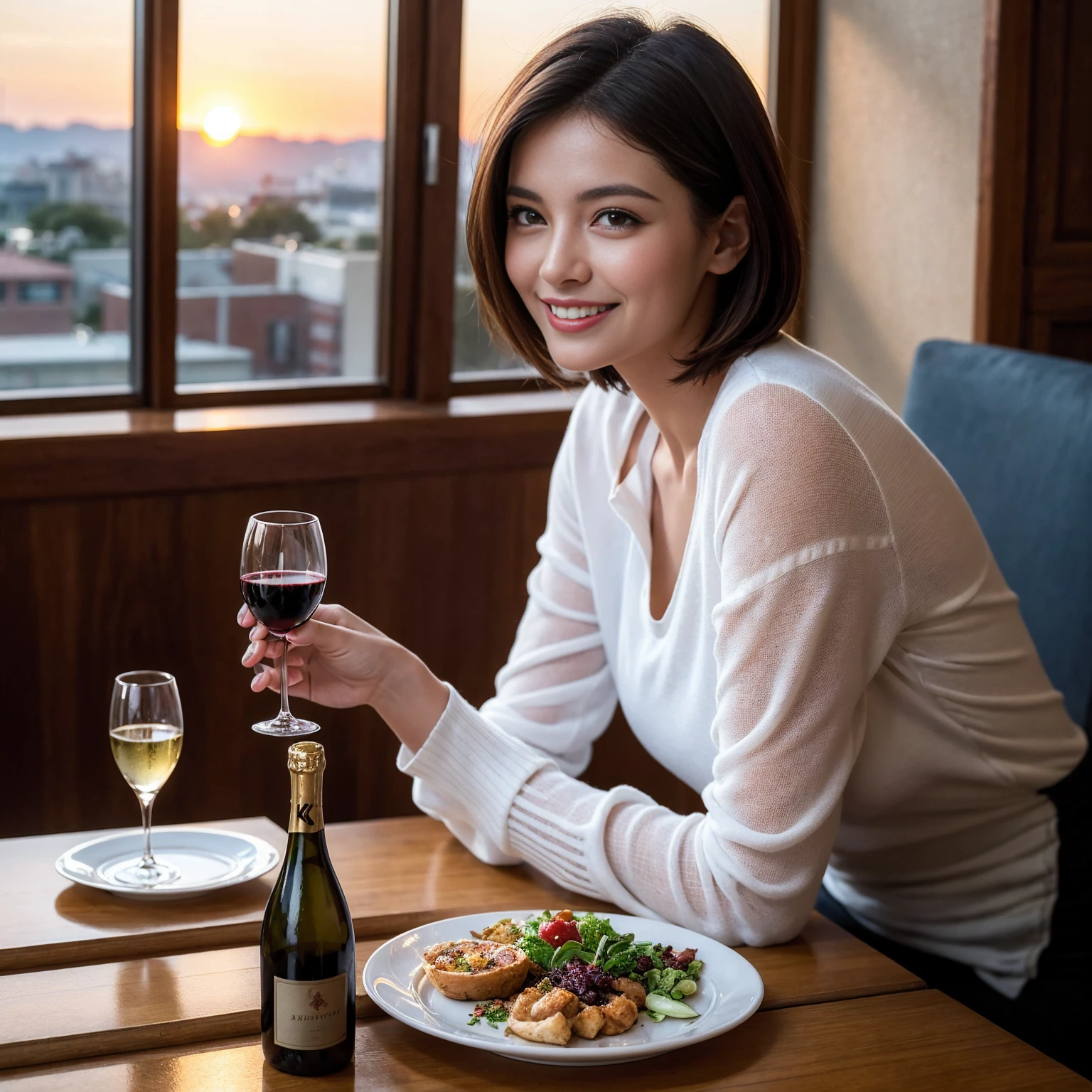 ((Highest quality、8K、masterpiece:1.3))、 (Ultra-realistic、 Genuine、Bright image、Intricate details:1.2), 最高のsmile、Slim Beauty、1 male 1 female、Beautiful couple、love love love、Roman Lovers、Good friends、actress couple、smile、Full-course dinner at a packed table、 (Slim face), (the body is slim), (Brown Hair), (short hair), テーブルのwine glass、Please shine a light on my face、 Amazing view of the sunset sky and clouds、 years old 39 years old, red wine 、Appetizers、Wine bottle、sparkling wine、Long sleeve shirt、dress、White wine, red wine, wine glass, 