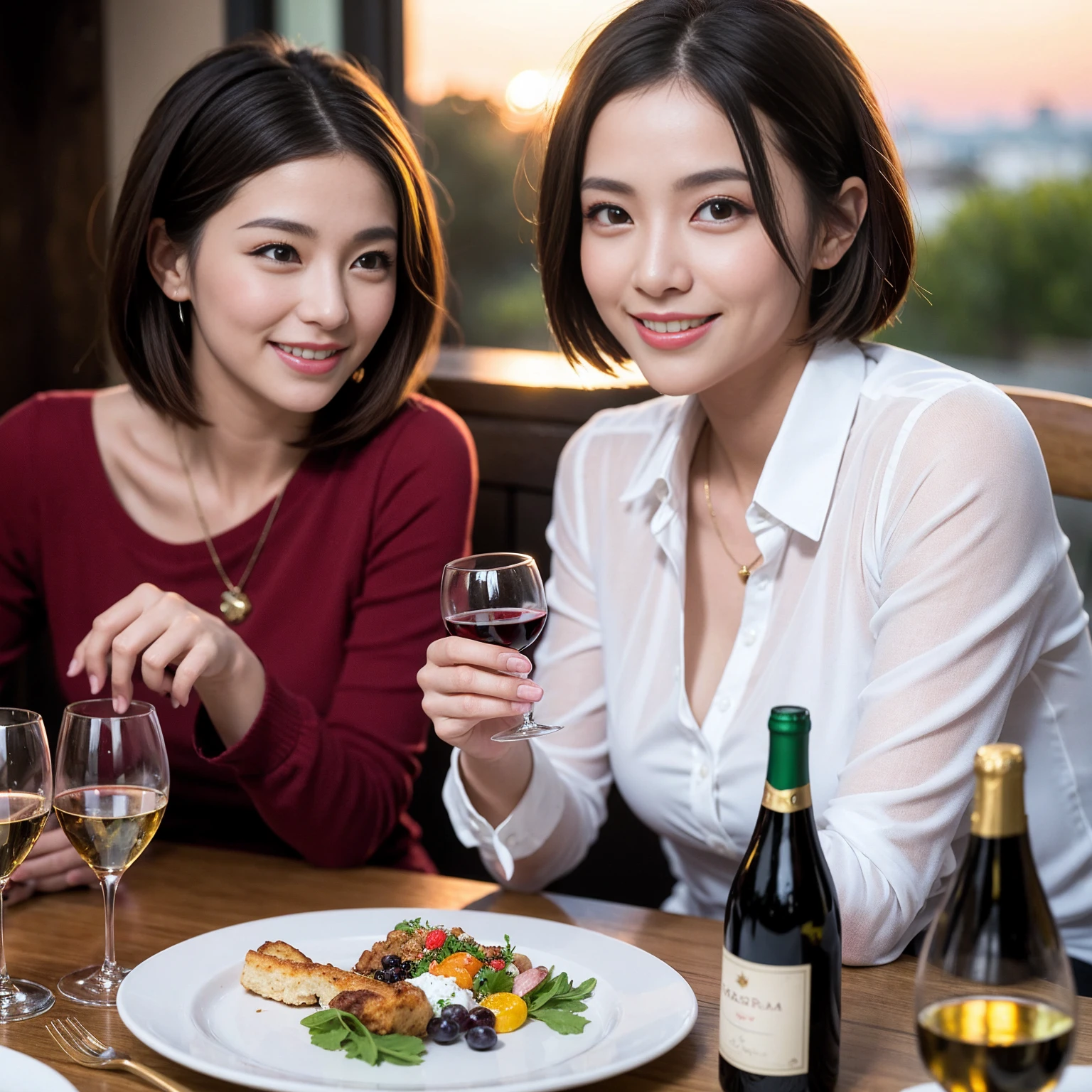 ((Highest quality、8K、masterpiece:1.3))、 (Ultra-realistic、 Genuine、Bright image、Intricate details:1.2), 最高のsmile、Slim Beauty、1 male 1 female、Beautiful couple、love love love、Roman Lovers、Good friends、actress couple、smile、Full-course dinner at a packed table、 (Slim face), (the body is slim), (Brown Hair), (short hair), テーブルのwine glass、Please shine a light on my face、 Amazing view of the sunset sky and clouds、 years old 39 years old, red wine 、Appetizers、Wine bottle、sparkling wine、Long sleeve shirt、dress、White wine, red wine, wine glass,