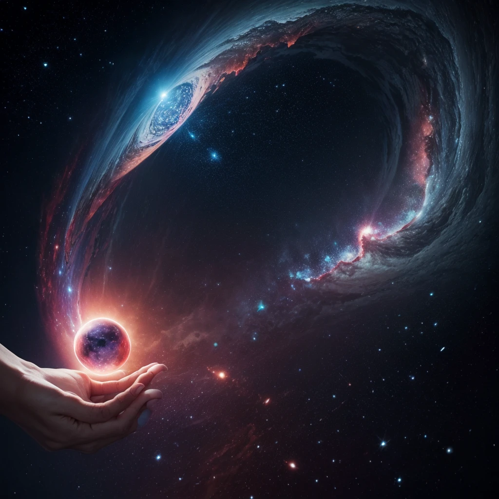 create a surreal image with the elements: eyes, pupil, nebula, night, moon, hands, crossroads