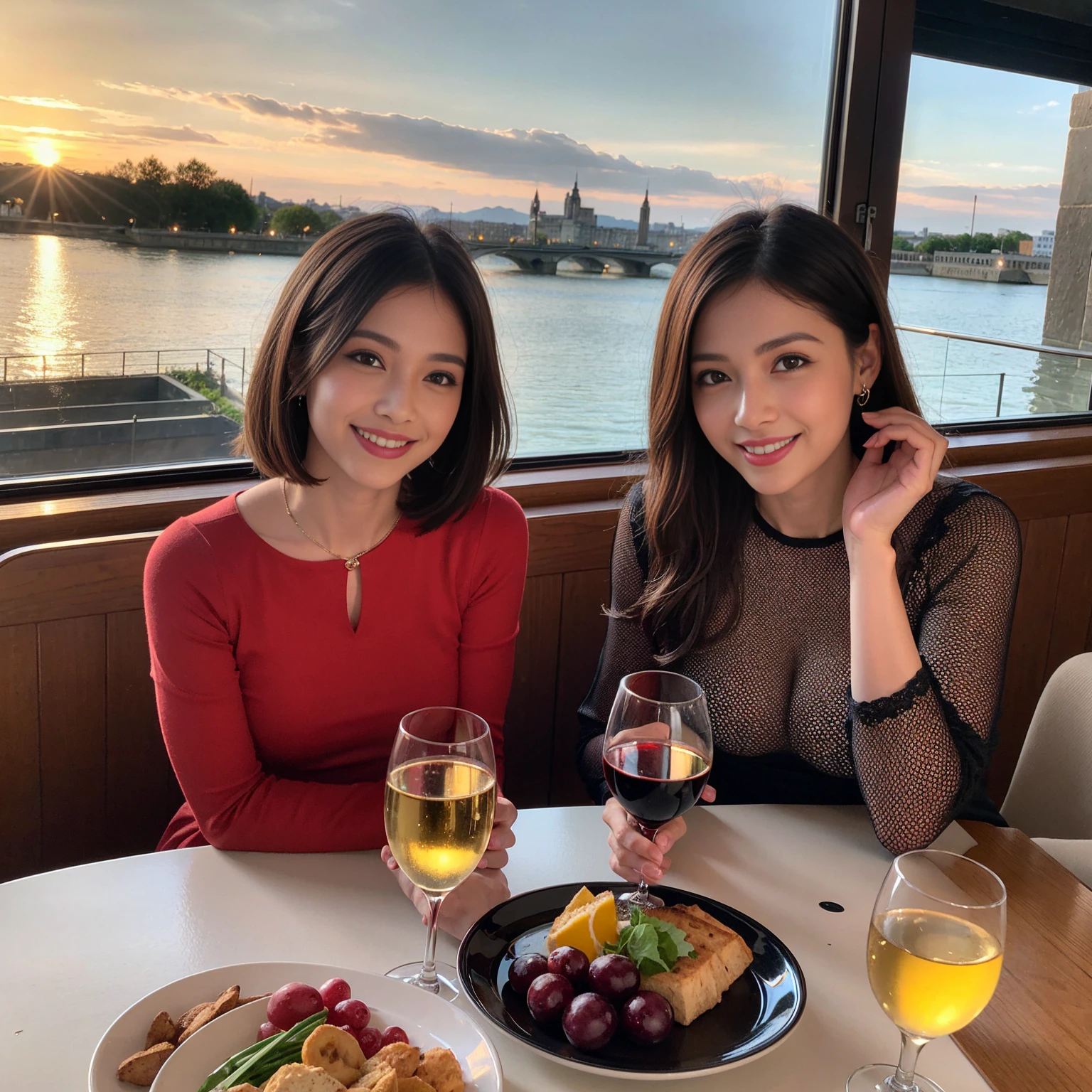 ((Highest quality、8K、masterpiece:1.3))、 (Ultra-realistic、 Genuine、Bright image、Intricate details:1.2), 最高のsmile、1 male 1 female、Beautiful couple、love love love、Lovers in Paris、Good friends、actress couple、smile、Full-course dinner at a packed table、 (Slim face), (the body is slim), (Brown Hair), (short hair), テーブルのwine glass、Please shine a light on my face、 Amazing view of the sunset sky and clouds、35 years old 39 years old, red wine 、Appetizers、Wine bottle、sparkling wine、Long sleeve shirt、dress、White wine, red wine, wine glass, 