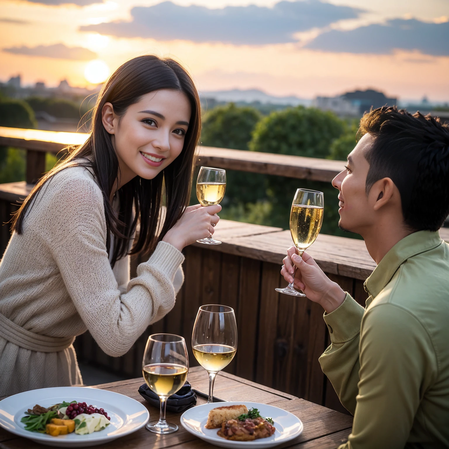 ((Highest quality、8K、masterpiece:1.3))、 (Ultra-realistic、 Genuine、Bright image、Intricate details:1.2), 最高のsmile、1 male 1 female、Beautiful couple、love love love、Lovers in Paris、Good friends、actress couple、smile、Full-course dinner at a packed table、 (Slim face), (the body is slim), (Brown Hair), (short hair), テーブルのwine glass、Please shine a light on my face、 Amazing view of the sunset sky and clouds、35 years old 39 years old, red wine 、Appetizers、Wine bottle、sparkling wine、Long sleeve shirt、dress、White wine, red wine, wine glass,