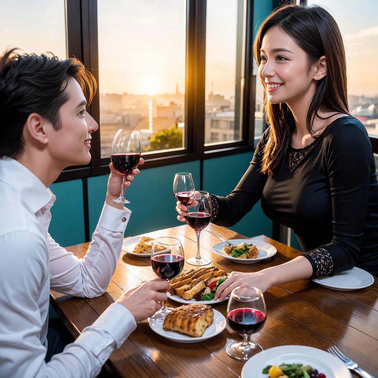 ((Highest quality、8K、masterpiece:1.3))、 (Ultra-realistic、 Genuine、Bright image、Intricate details:1.2), 最高のsmile、1 male 1 female、Beautiful couple、love love love、Lovers in Paris、Good friends、actress couple、smile、Full-course dinner at a packed table、 (Slim face), (the body is slim), (Brown Hair), (short hair), テーブルのwine glass、Please shine a light on my face、 Amazing view of the sunset sky and clouds、35 years old 39 years old, red wine 、Appetizers、Wine bottle、sparkling wine、Long sleeve shirt、dress、White wine, red wine, wine glass,