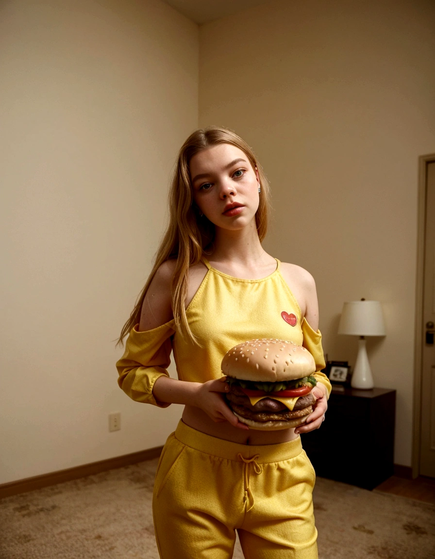 Araffed woman in a yellow outfit holds a hamburger in the room, In the spirit of Elsa Bleda, in style of Petra Collins, dressed Anya Taylor - Joy, Anya Teylor-Joy, Anya Taylor - Joy, yelena belova, Anya Taylor Joy, 2, 4  girl model, Sydney Sweeney, Petra Collins, Victoria Havrylenko