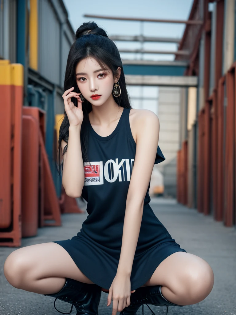 Beautiful woman wearing a hitam and dark blue Wearing swag style clothes mini dress with decorations on the shirt and visible shoulders and wearing boots and being photographed with a background And he was in the factory yard ,Korean style swag, beautiful face so gorgeous, Beautiful eyes, y2k style,