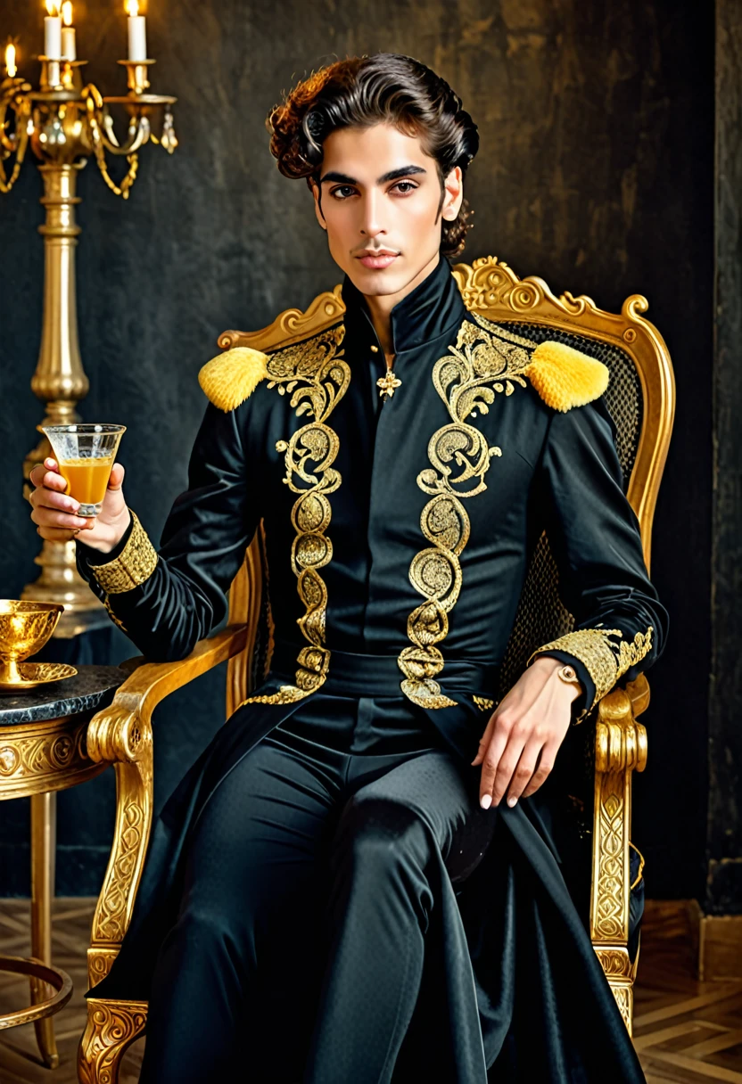 in a black dress sits on a chair and holds a cup, beautiful androgynous prince, in dark clothes with gold accents, inspired by Osman Hamdi Bey, Prince of the Renaissance, Prince Charming of Persia, wear gold plated clothes, in high renaissance style, Vitaly Bugarov, in a renaissance style, Handsome, Exquisite aristocratic