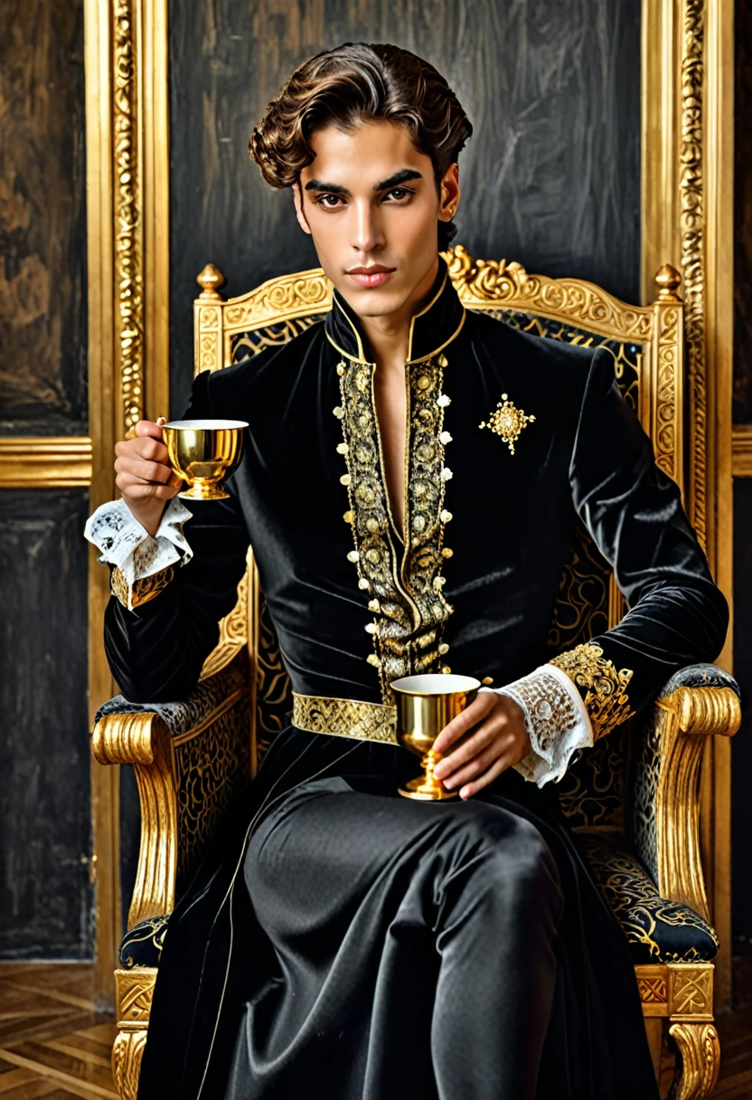 in a black dress sits on a chair and holds a cup, beautiful androgynous prince, in dark clothes with gold accents, inspired by Osman Hamdi Bey, Prince of the Renaissance, Prince Charming of Persia, wear gold plated clothes, in high renaissance style, Vitaly Bugarov, in a renaissance style, Handsome, Exquisite aristocratic