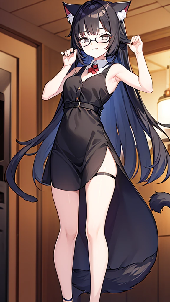 A 20-year-old cat girl with long black hair, gray eyes, cat ears and a cat tail, wears glasses, black dresses Whole leg length sexy, sleeveless, standing