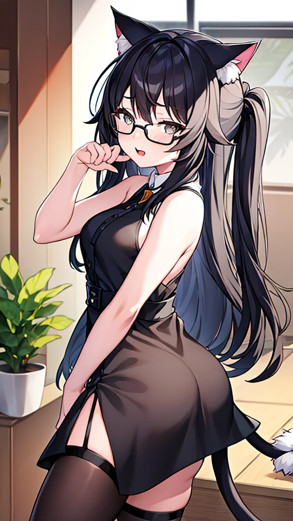 A 20-year-old cat girl with long black hair, gray eyes, cat ears and a cat tail, wears glasses, black dresses Whole leg length sexy, sleeveless, standing