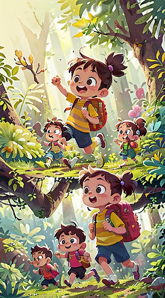 (SFW), two running kids, 1 boy, 1 girl, spring outing, happy, backpack on back, little car toy in hand, forest in the background, perfect quality, clear focus, colorful, perfect face, intricate details, ultra-low viewing angle, wide angle lens