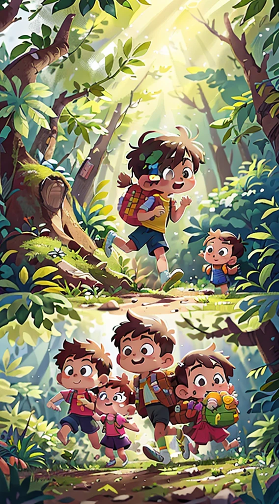 (SFW), two running kids, 1 boy, 1 girl, spring outing, happy, backpack on back, little car toy in hand, forest in the background, perfect quality, clear focus, colorful, perfect face, intricate details, ultra-low viewing angle, wide angle lens