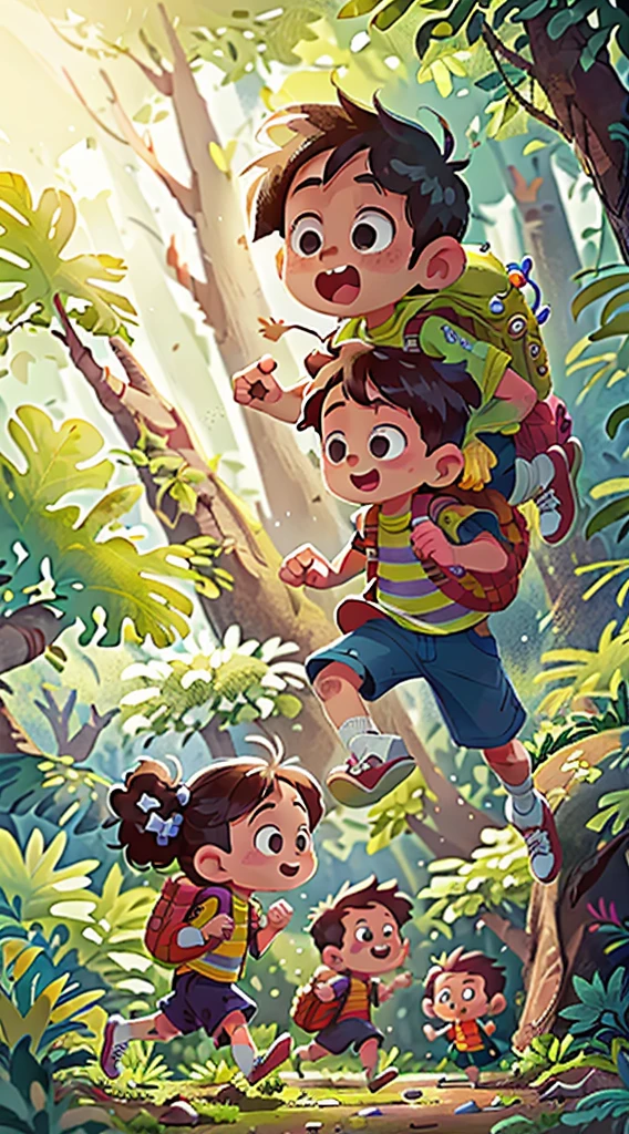 (SFW), two running kids, 1 boy, 1 girl, spring outing, happy, backpack on back, little car toy in hand, forest in the background, perfect quality, clear focus, colorful, perfect face, intricate details, ultra-low viewing angle, wide angle lens