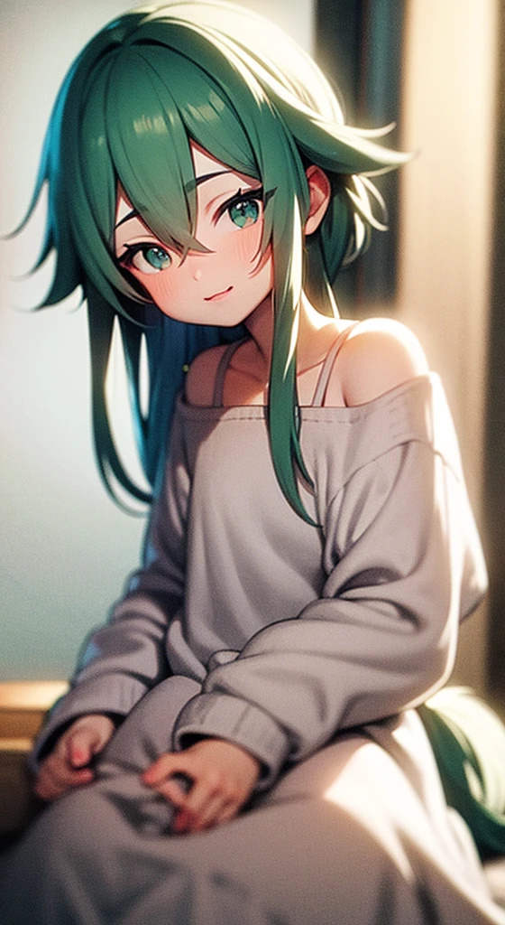 、Shoulder-length silver hair、Side tail and green hair、Green Eyes