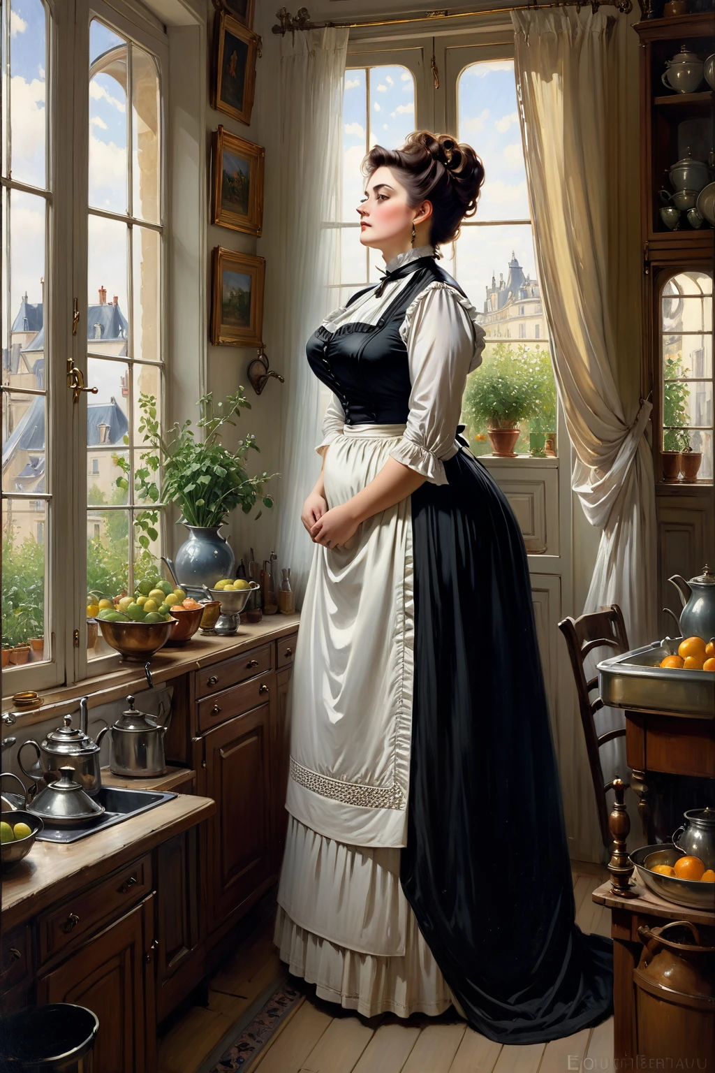 Full body shot of a curvaceous, voluptuous, 66 years old plump buxom Victorian widow wearing a black dress standing in her kitchen looking out of the window, by Jean Béraud, inspired by Jean Béraud, inspired by Édouard Detaille, edouard leon cortes, inspired by Ivan Kramskoi, inspired by Jean-Louis-Ernest Meissonier, by Édouard Detaille, inspired by Paul Émile Chabas, opulent updo hairstyle, white apron