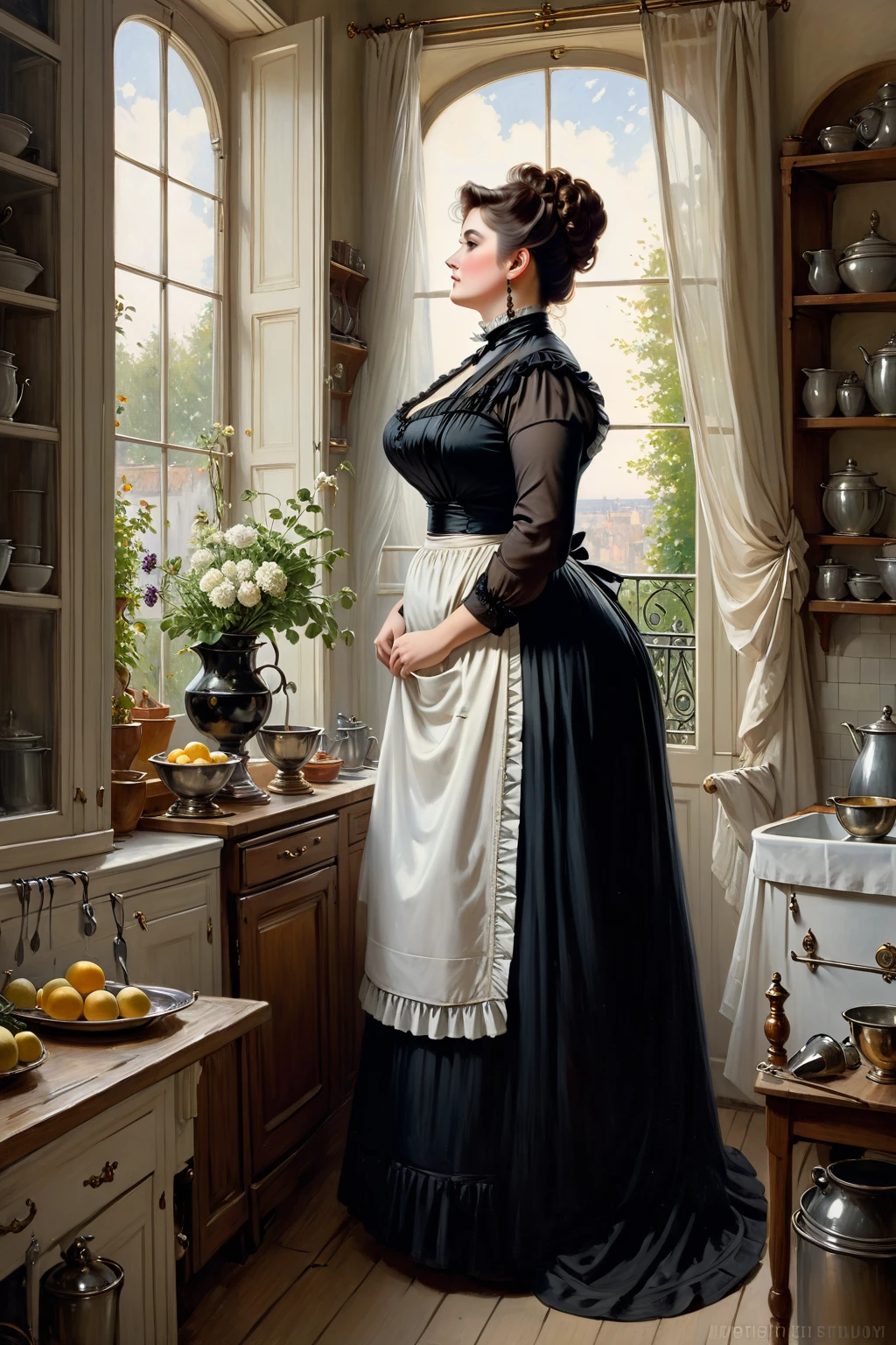 Full body shot of a curvaceous, voluptuous, 66 years old plump buxom Victorian widow wearing a black dress standing in her kitchen looking out of the window, by Jean Béraud, inspired by Jean Béraud, inspired by Édouard Detaille, edouard leon cortes, inspired by Ivan Kramskoi, inspired by Jean-Louis-Ernest Meissonier, by Édouard Detaille, inspired by Paul Émile Chabas, opulent updo hairstyle, white apron
