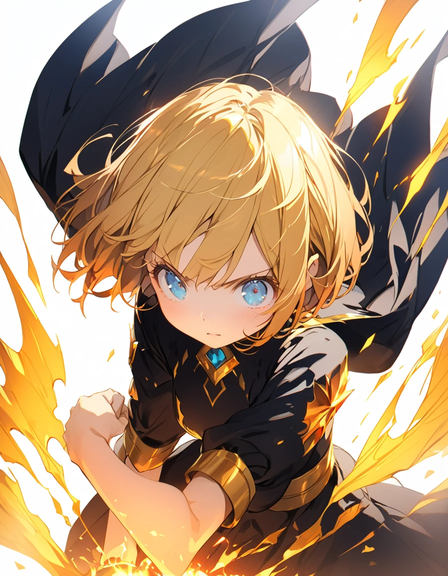 A masterpiece of ultra-precise description of a girl fighting with golden flames (Short Bob Hair:1.4),(blue eyes)Fighting pose Golden flames rise all over