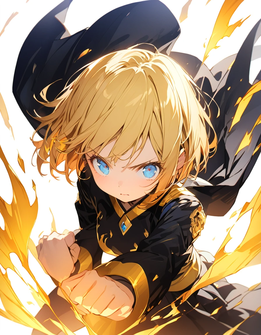 A masterpiece of ultra-precise description of a girl fighting with golden flames (Short Bob Hair:1.4),(blue eyes)Fighting pose Golden flames rise all over