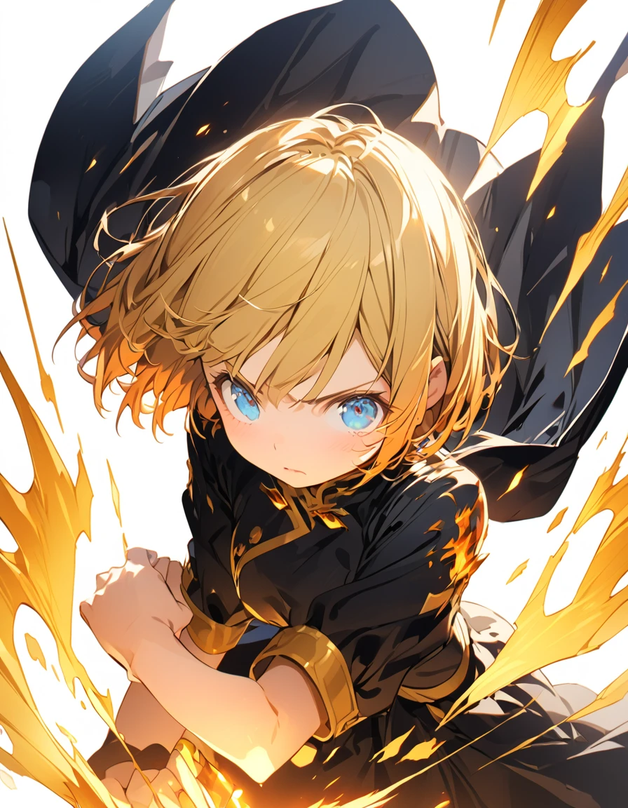 A masterpiece of ultra-precise description of a girl fighting with golden flames (Short Bob Hair:1.4),(blue eyes)Fighting pose Golden flames rise all over