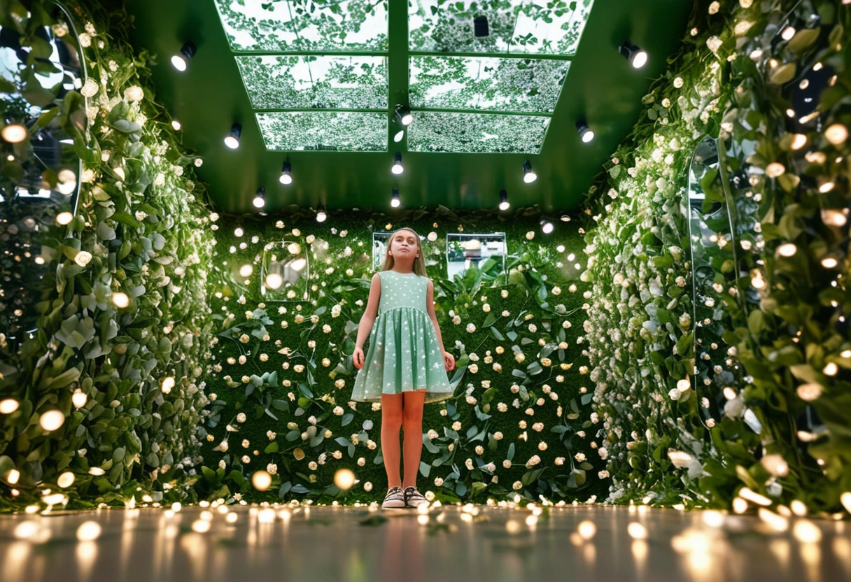 extreme low angle photo taken from below of a girl with sleeveless dress, standing inside a room full with flowers and green leaves and fairy lights on its walls and ceilings. The floor is made from 1 seamless mirror.