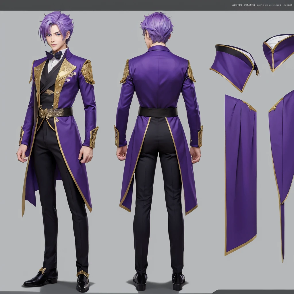 ((masterpiece, Highest quality)), Detailed face,Anime Style, One Man,Character design sheet, whole body, Full of details, front, Rear view of the torso, Very detailed, depth, Many details, ((Character Concept Art)), ((Character design sheet, same characters, front, ~ ~ side)) Purple Hair,blue eyes,magician,Costume Clothes,Grin,Shut your mouth.,