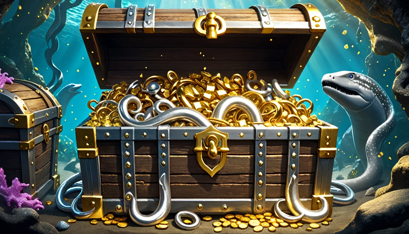 Tentacles extend from inside a treasure chest filled with gold and silver treasures.