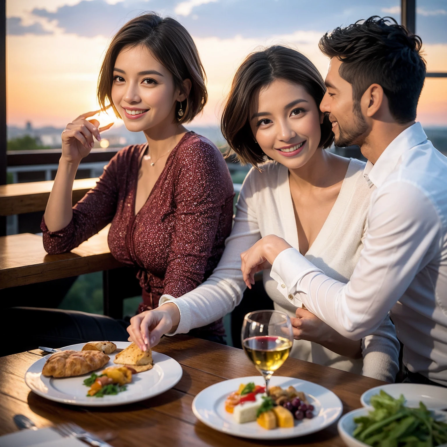 ((Highest quality、8K、masterpiece:1.3))、 (Ultra-realistic、 Genuine、Bright image、Intricate details:1.2), 最高のsmile、Slim Beauty、1 male 1 female、Beautiful couple、love love love、Roman Lovers、Good friends、actress couple、smile、Full-course dinner at a packed table、 (Slim face), (the body is slim), (Brown Hair), (short hair), テーブルのwine glass、Please shine a light on my face、 Amazing view of the sunset sky and clouds、35 years old 39 years old, red wine 、Appetizers、Wine bottle、sparkling wine、Long sleeve shirt、dress、White wine, red wine, wine glass, 