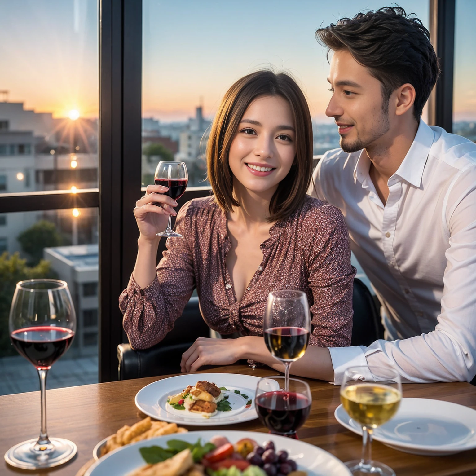 ((Highest quality、8K、masterpiece:1.3))、 (Ultra-realistic、 Genuine、Bright image、Intricate details:1.2), 最高のsmile、Slim Beauty、1 male 1 female、Beautiful couple、love love love、Roman Lovers、Good friends、actress couple、smile、Full-course dinner at a packed table、 (Slim face), (the body is slim), (Brown Hair), (short hair), テーブルのwine glass、Please shine a light on my face、 Amazing view of the sunset sky and clouds、35 years old 39 years old, red wine 、Appetizers、Wine bottle、sparkling wine、Long sleeve shirt、dress、White wine, red wine, wine glass,
