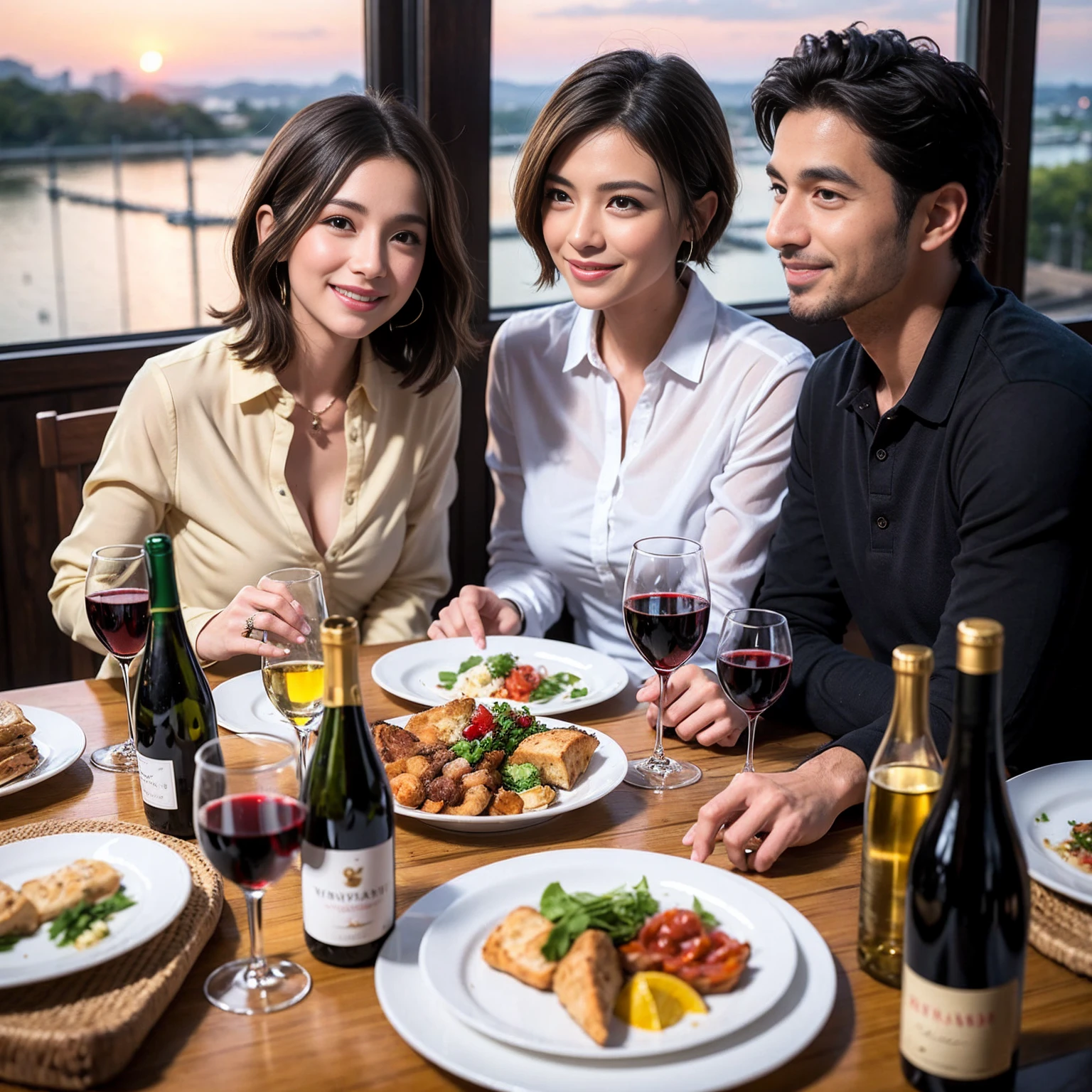 ((Highest quality、8K、masterpiece:1.3))、 (Ultra-realistic、 Genuine、Bright image、Intricate details:1.2), 最高のsmile、Slim Beauty、1 male 1 female、Beautiful couple、love love love、Roman Lovers、Good friends、actress couple、smile、Full-course dinner at a packed table、 (Slim face), (the body is slim), (Brown Hair), (short hair), テーブルのwine glass、Please shine a light on my face、 Amazing view of the sunset sky and clouds、35 years old 39 years old, red wine 、Appetizers、Wine bottle、sparkling wine、Long sleeve shirt、dress、White wine, red wine, wine glass, 
