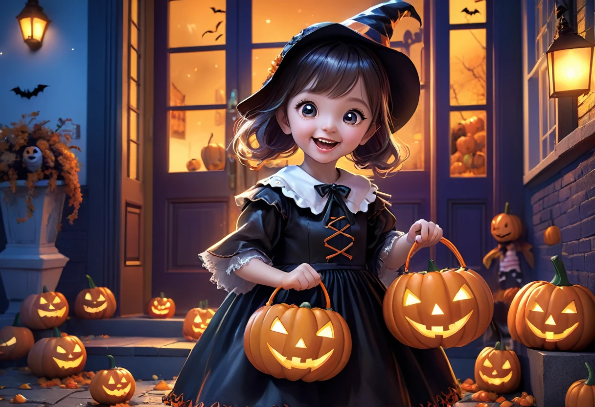 Halloween Kids, Happy expressions, Fun atmosphere,Wearing creative costumes,A bag full of candy,Knocking excitedly on the door,Creative decoration,spooky atmosphere [spooky] (Highest quality,4K,8K,High resolution,masterpiece:1.2),Super detailed ,(Realistic,photoRealistic,photo-Realistic:1.37),Vibrant colors,Sharp focus,Happy,Halloween themed,Night view,Full Moon Sky,Warm lighting,Happy smiles,Colorful candies、Jack O&#39;Lantern