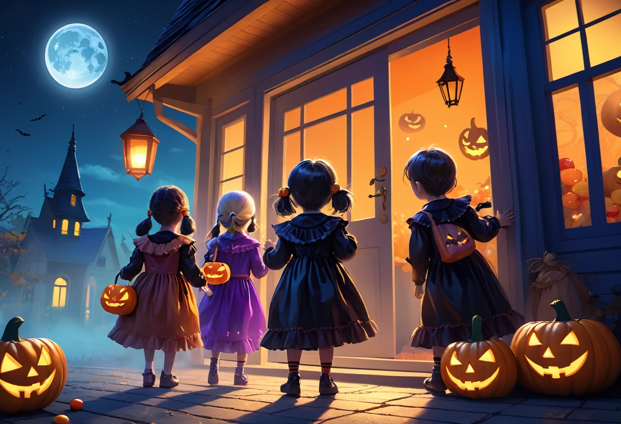 Halloween Kids, Happy expressions, Fun atmosphere,Wearing creative costumes,A bag full of candy,Knocking excitedly on the door,Creative decoration,spooky atmosphere [spooky] (Highest quality,4K,8K,High resolution,masterpiece:1.2),Super detailed ,(Realistic,photoRealistic,photo-Realistic:1.37),Vibrant colors,Sharp focus,Happy,Halloween themed,Night view,Full Moon Sky,Warm lighting,Happy smiles,Colorful candies、Jack O&#39;Lantern